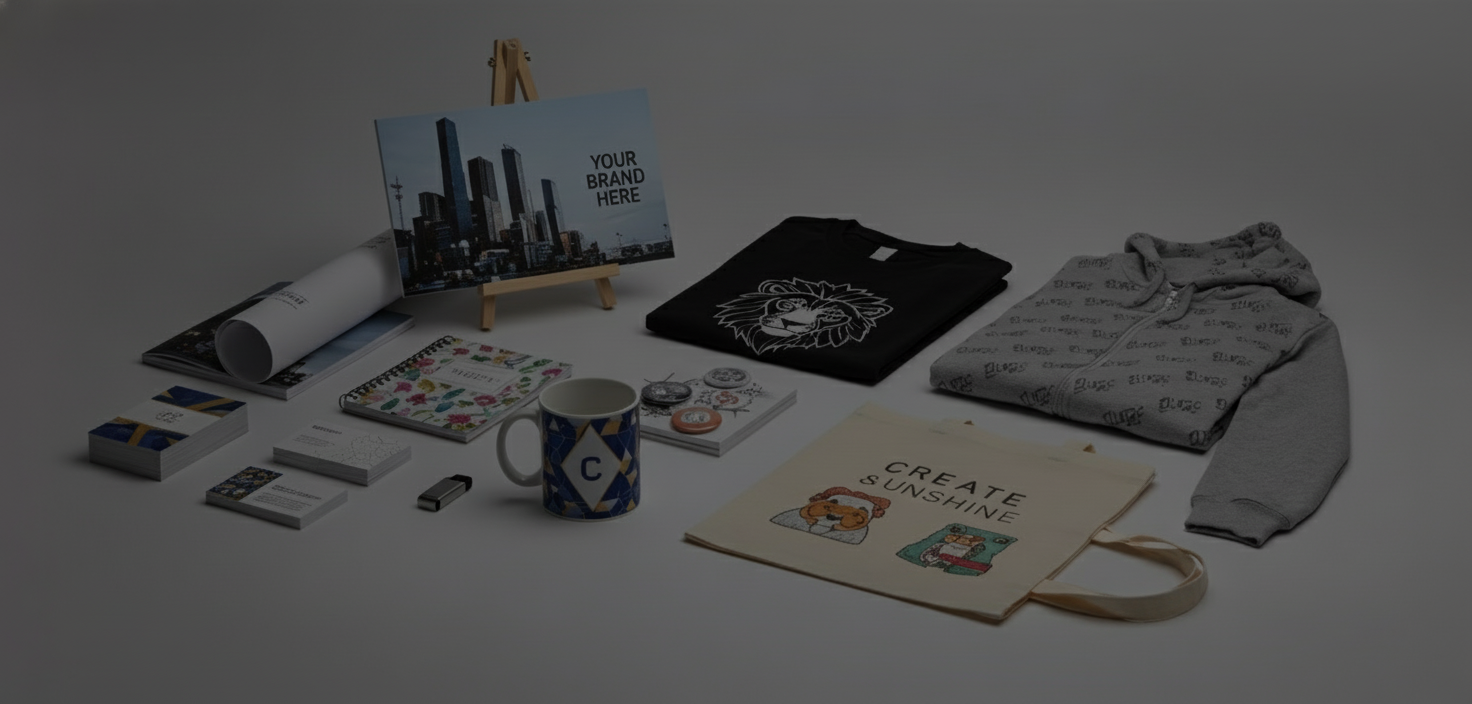 一张图上面有很多不同的礼品：有马克杯上面有图案、有名片、有海报、有印刷品、有定制的服装等等，背景色为浅灰色，图片尺寸为1200*500dpi