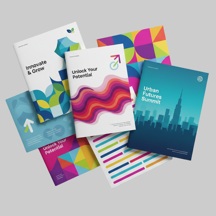 生成正方形，上面有几张宣传彩页叠放，背景纯色